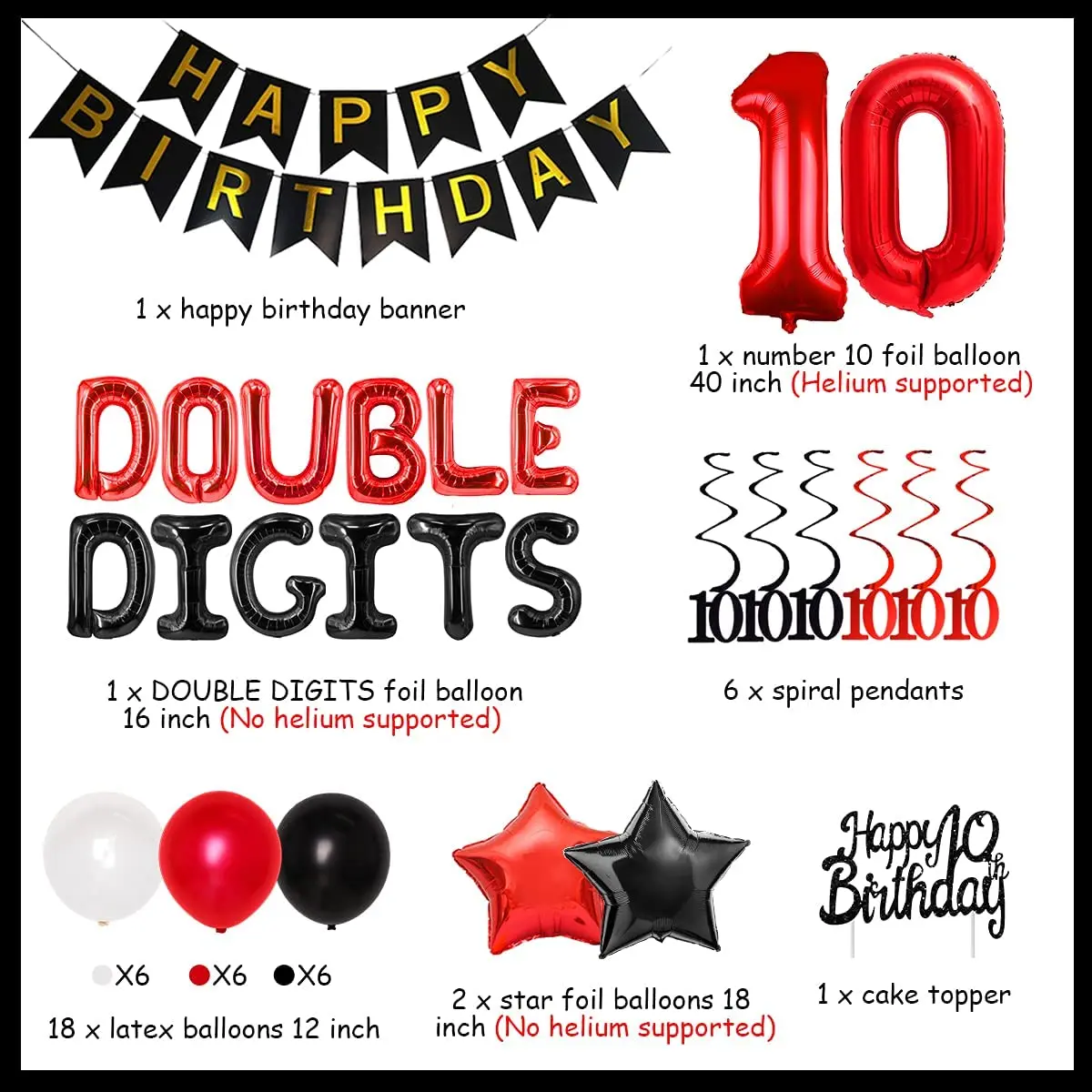

10th Birthday Decorations for Boys with Double Digits number 10 Foil Balloons Hanging Swirls Cake Topper Banner for 10 Years Old