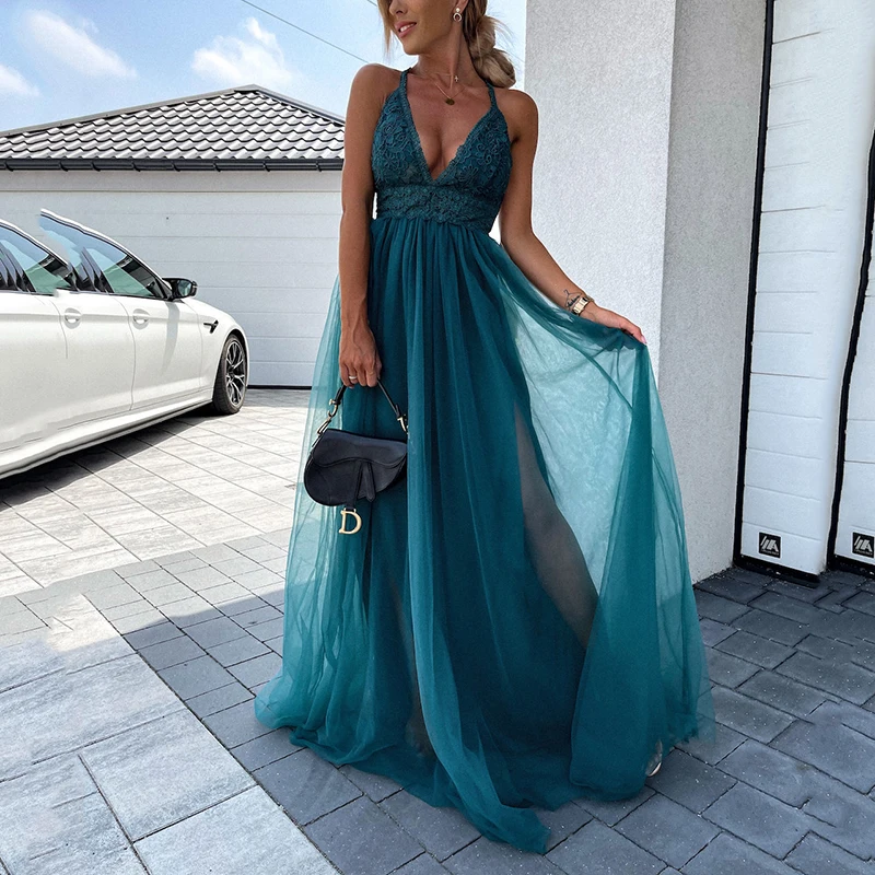 Женское вечернее длинное платье на бретельках элегантное однотонное Сетчатое с