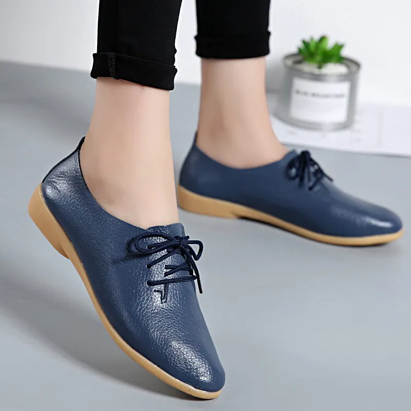 Dark Blue Женская летняя обувь из натуральной кожи; лоферы; Новинка года; модная повседневная обувь на плоской подошве; женская однотонная обувь на плоской подошве со шнуровкой - Цвет: Dark Blue