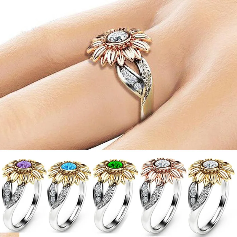 

Classic Silver Color Golden Sunflower Floral Shaped Ladies Ring with Colorful Crystal Rhinestone Zircon for Women Party Jewelry