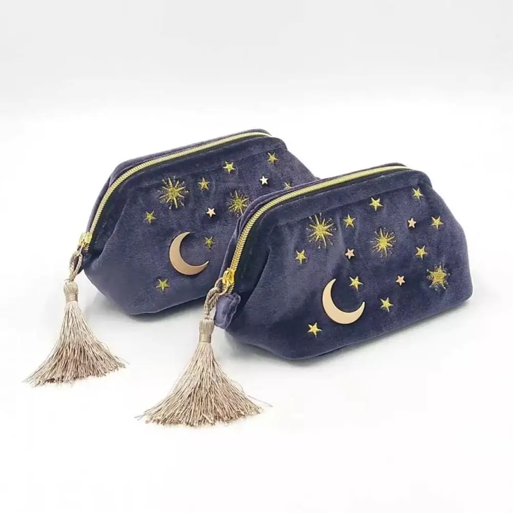 

Velvet Embroidered Applique Stars Moon Cosmetic Makeup Bag Pouch with Tassels Deco, Beautician Storage Bag Clutch Handbags