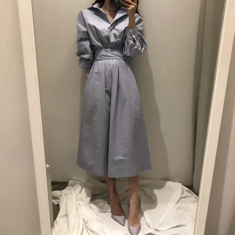 [EWQ] Новинка весны 2020 длинное синее платье рубашка с отложным воротником и длинным