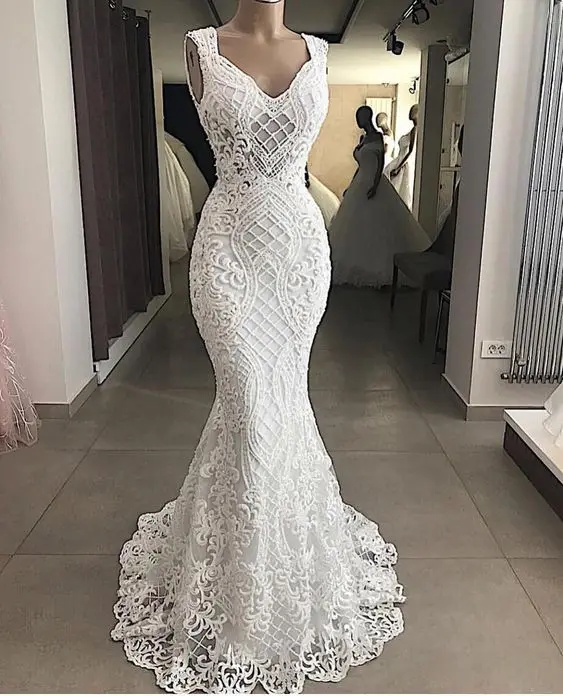 Vestidos De Novia 2020 Роскошные жемчужные кружевные белые свадебные платья русалки
