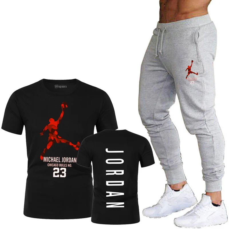 

2021 new jordan-23 letter printed fashion T-shirt + sports pants casual 2-piece suit, men's casual suit, men's sports suit