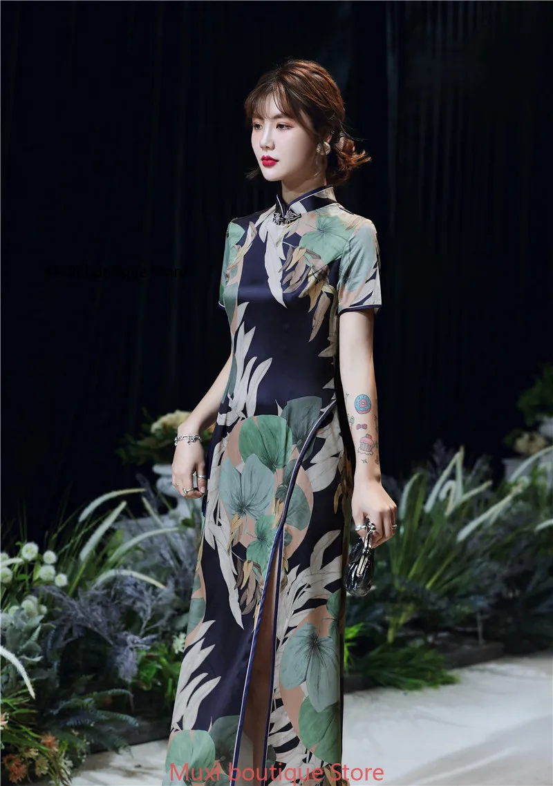 

2020New dress long imitation silk cheongsam dress fishtail fashion slim short sleeve front slit long dress