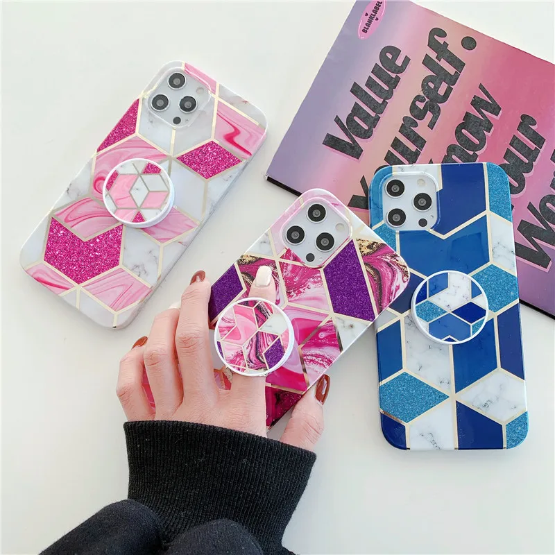

Stand Grip Holder Plating Marble Phone Case For iphone XR XS 12 Mini 11 Pro Max X SE 2020 7 8 Plus Silicone Soft TPU Back Cover