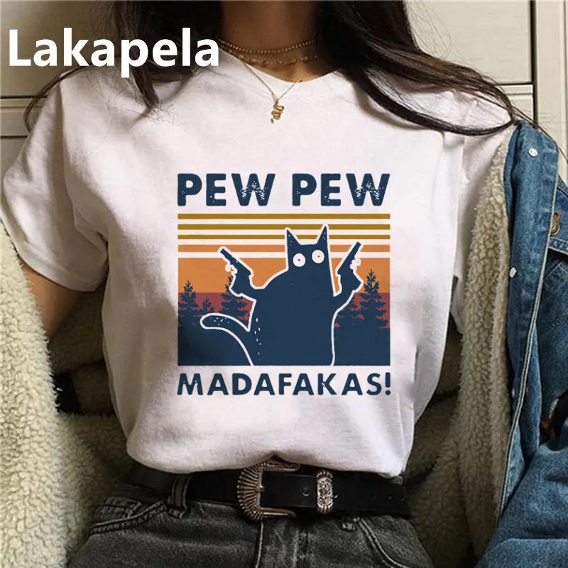 Черная кошка Pew Madafakas забавная Гангстер с пистолетом мемом Ретро Женская футболка