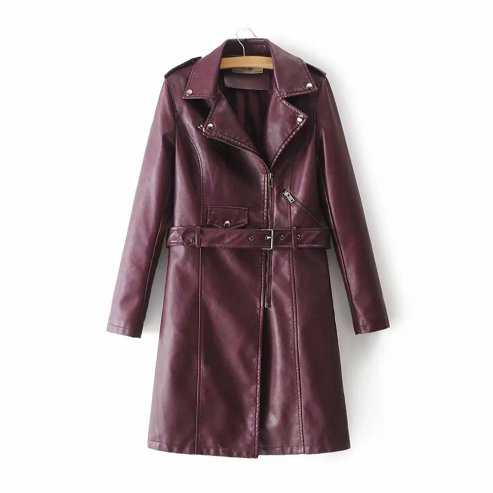 Осень зима женская новая молния тонкий пояс кожаная куртка пальто готическая