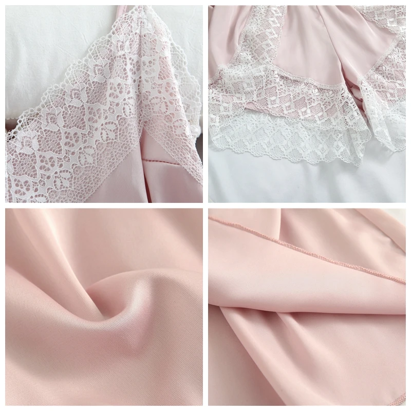

2021 Women Pajamas Lace Satin Silk Patchwork V-neck Strap Home Clothes Shorts Casual Pyjama Suit Sleepwear Women's Underwear