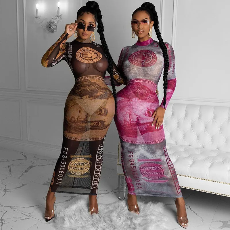 

White Dress Women Mesh See Through Long Sleeved One Piece Dresses New Fashion Dollar Money Printing Maxi Bodycon Dress A20343D