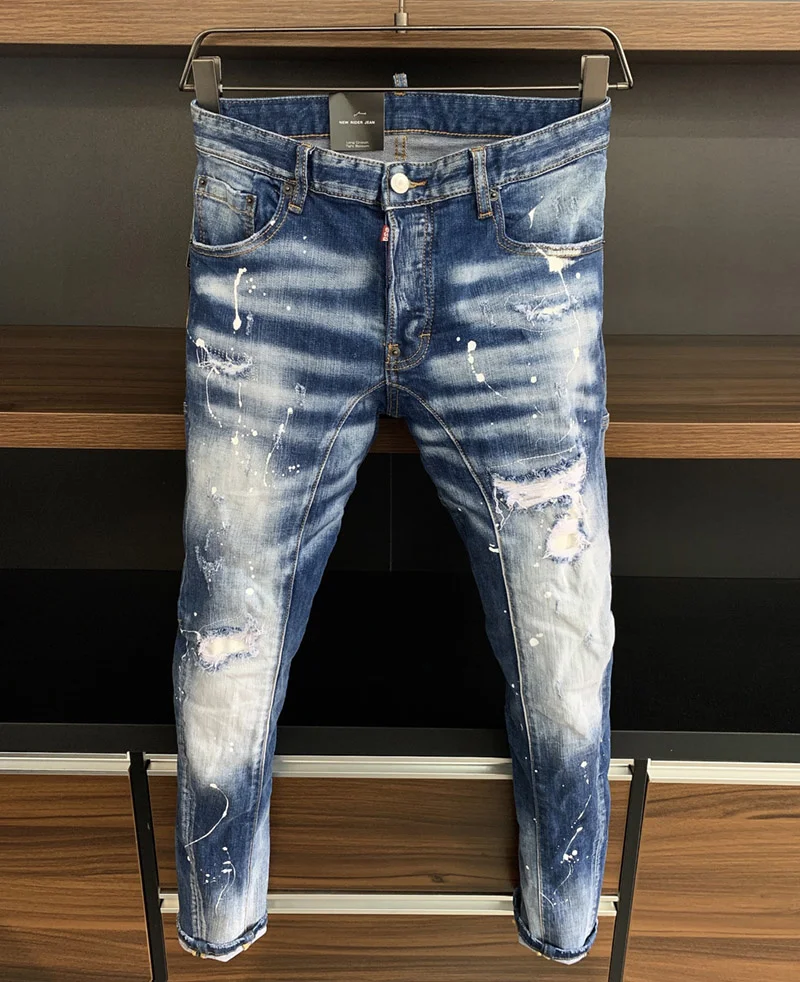 

European style dsq brand men Italy jeans pants Men biker denim jeans straight trousers hole blue stripe Pants jeans for men 385
