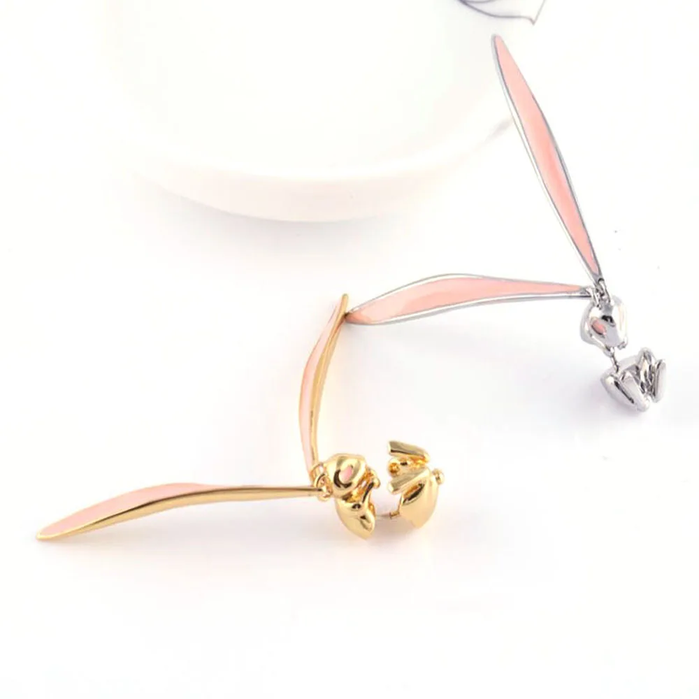 Fashion Lovely Shiny Rhinestone Pink Long Rabbit Ear Glaze Metal Design Drop Earrings for Women Girls Party Gift | Украшения и