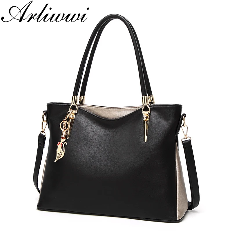 

Arliwwi Elegant Ladies Tote Handbag Big PU Leather Panelled Women's Fashion Solid Bags With Delicate Pendants P019