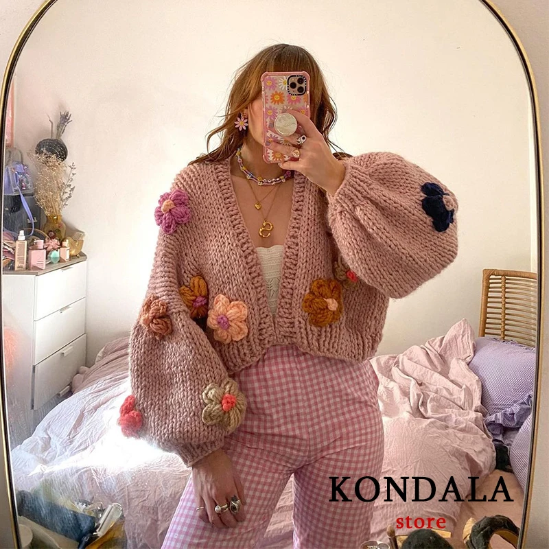 KONDALA Za 2021 Chic Pink Handmade Flower  Appliques Knitted Cardigans Women Long Puff Sleeve Jackets Vintage Autumn Outwear