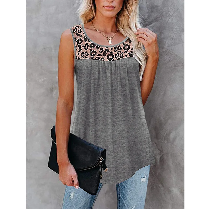 

Mandylandy T-shirt Summer Fashion Sleeveless O-Neck Loose-Fitting T-shirt Top Women's Casual Leopard Print Stitching Ruffle Vest