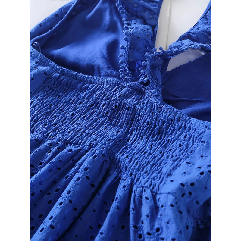 

Za Dress Women 2021 Embroidery Cut Out Midi Dress Woman Vintage Elastic Waist Bow Tied Straps Female Dresses Mujer