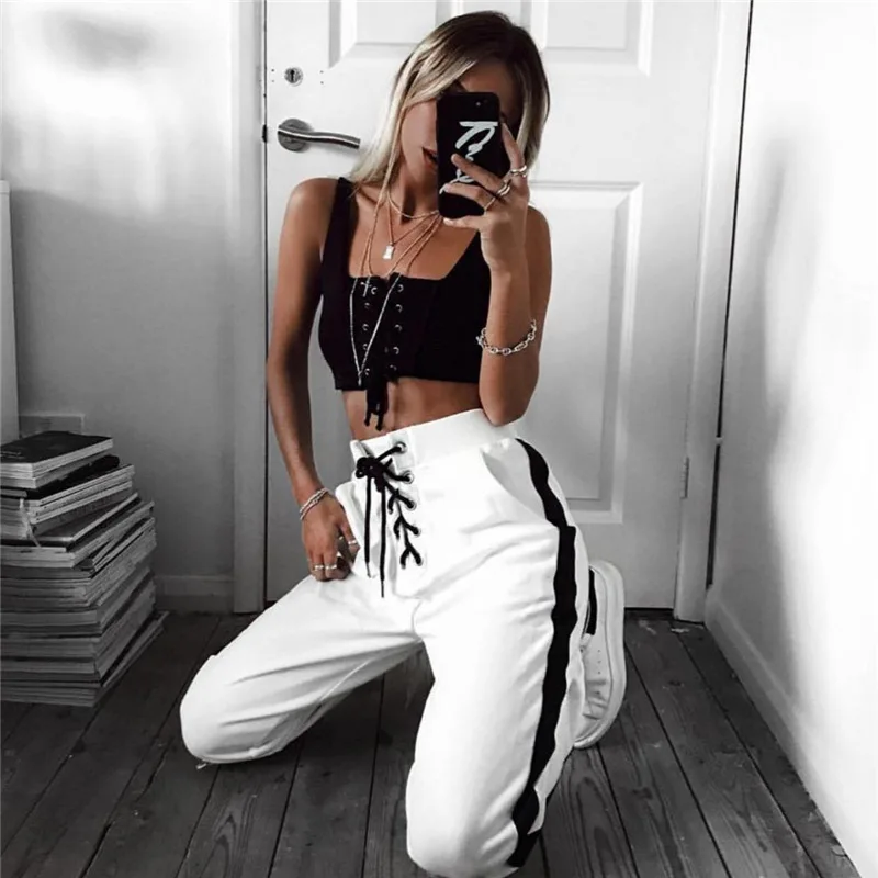 Женские Стрейчевые спортивные штаны с полосками сбоку, спортивные штаны, длинные леггинсы для женщин, бандажные кружевные белые спортивные штаны в Корейском стиле Харадзюку