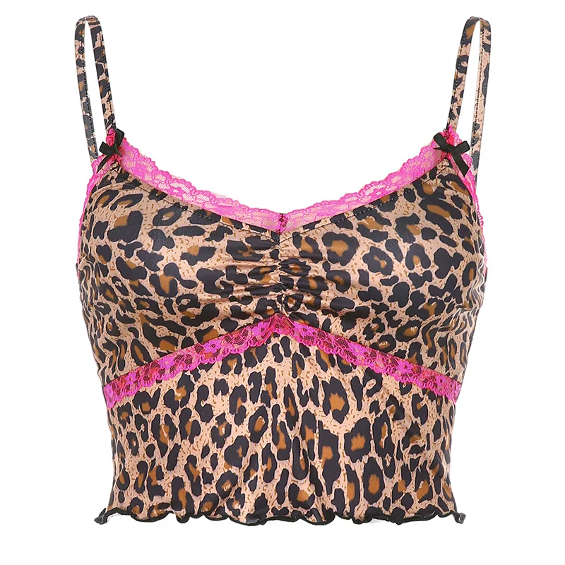 

Summer 2021 Retro Fashion Embroidered Leopard Print Lace Edge V-neck Sexy Camisole Small Tank Top One-line Collar Tube Top