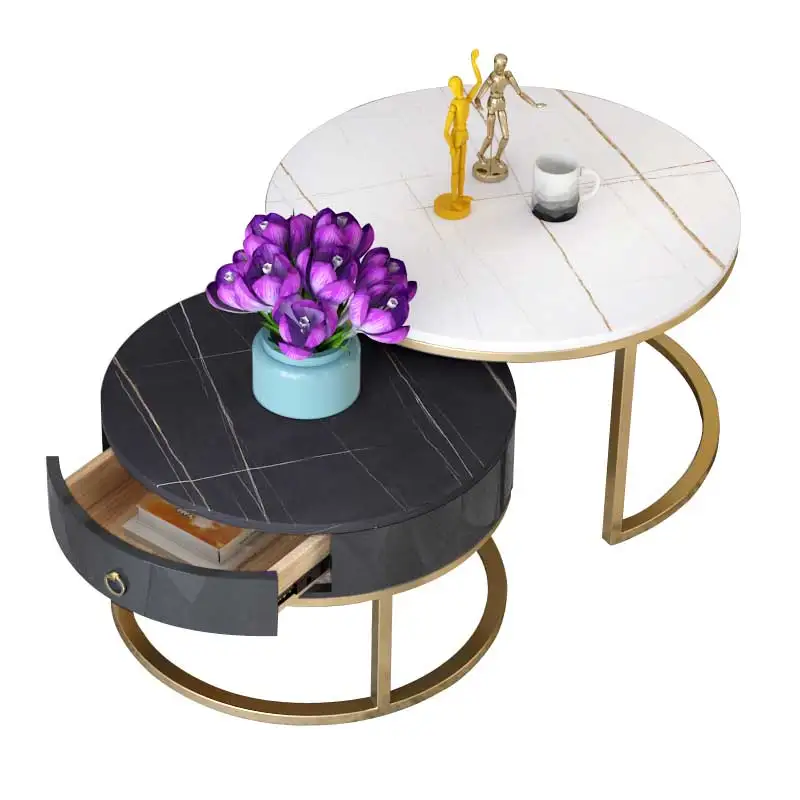 

Light luxury rock plate small tea table Nordic iron marble small family living room table round combination simple modern