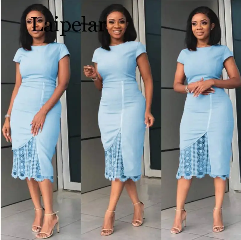 

Women Elegant Dress 2020 Summer Short Sleeve O Neck Knee Length Shift Dresses OL Style Work Dress Boutonniere lace dress
