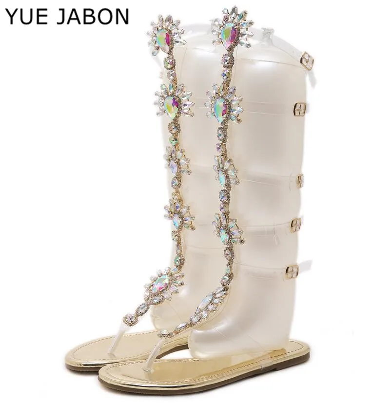 Женские ботинки-гладиаторы золотые сапоги до колена на плоской подошве с