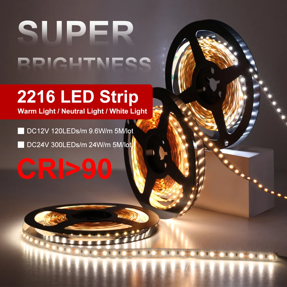 Высококлассная Светодиодная лента 2216 RA90+ CRI> 90 12V 120 светодиодный s/m 9,6 Вт/м 24V 300 светодиодный s/m 24 Вт/м 3000K 4000K 6000K Светодиодная лента высокой яркости 5 м/лот