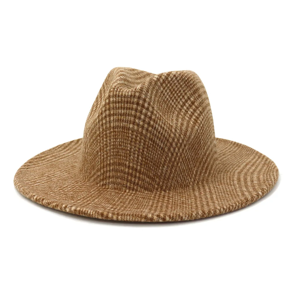 

New Fashion Unisex 30%Wool Fedora Hats for Women Men Vintage Wide Brim Plaid Jazz Formal Hat Couple Caps 58CM
