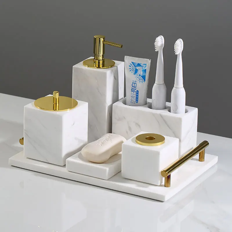 

Marble Bathroom Set Liquid Soap Dispenser Toothbrush Holder Gargle Cup Tray Cotton Swab/Tissue Box Sell Separately Nordic Style