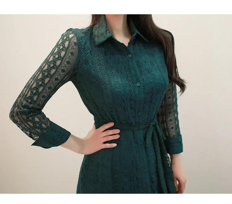 

Vintage Women Lace Dress Spring Summer Long Sleeve Turn-down Collar Hollow Out Lace Up Shirt Dress New Casual Party Midi Dresses
