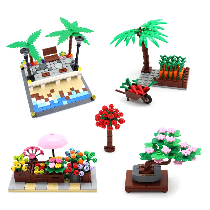 

City Street View Idea Sandbeach Flower Bouquet Potted Bricks Friends Tree Plants DIY Decorate House Tree Building Blocks Toys