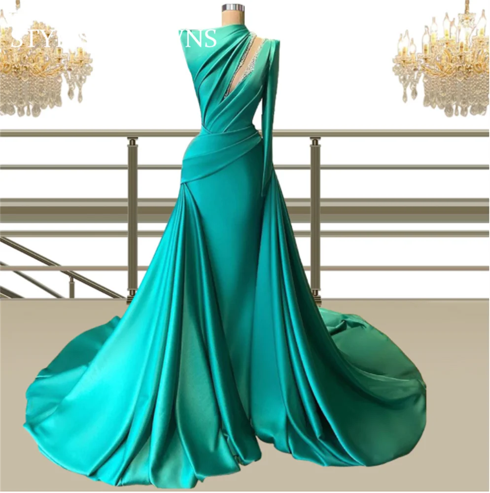 

One Shoulder Pleats Evening Dresses 2021 Crystal Beaded Party Gowns For Women Robe De Soiree