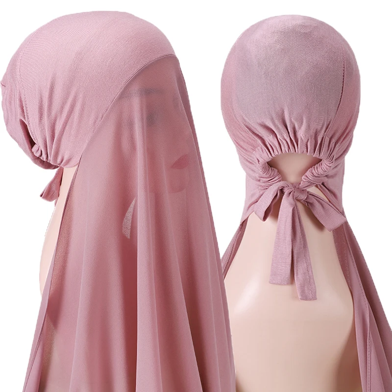 10pcs/lot Bubble Solider Color Pin Free Instant Chiffon Hijab With Bonnet Elastic Rope Free Use Style Free Use Shawls