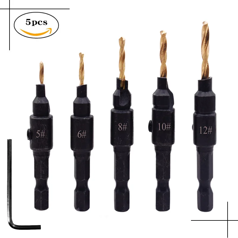

6Pcs Countersink Drill Woodworking Drill Bit Set Drilling Pilot Holes for Screw Sizes Hand Tool Set #5 #6 #8 #10 #12 Craftsman