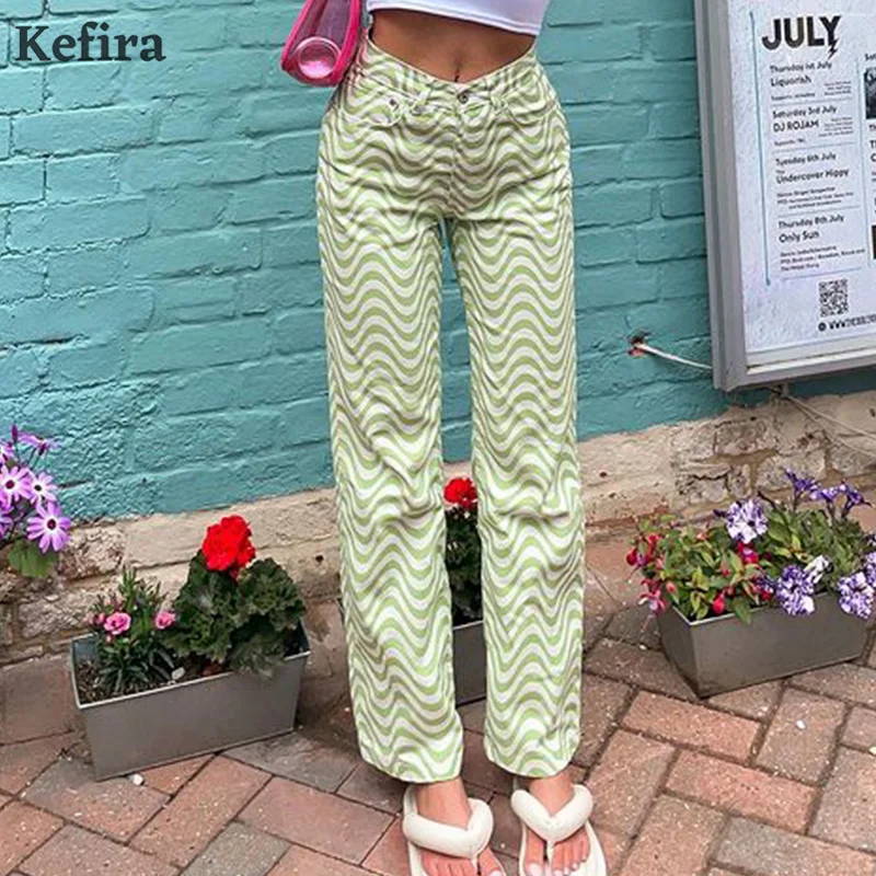 

Kefira Green Striped Print High Waist Pants Women Casual Long Trousers Korean Style Fashion New 2021 Streetwear Straight Pants