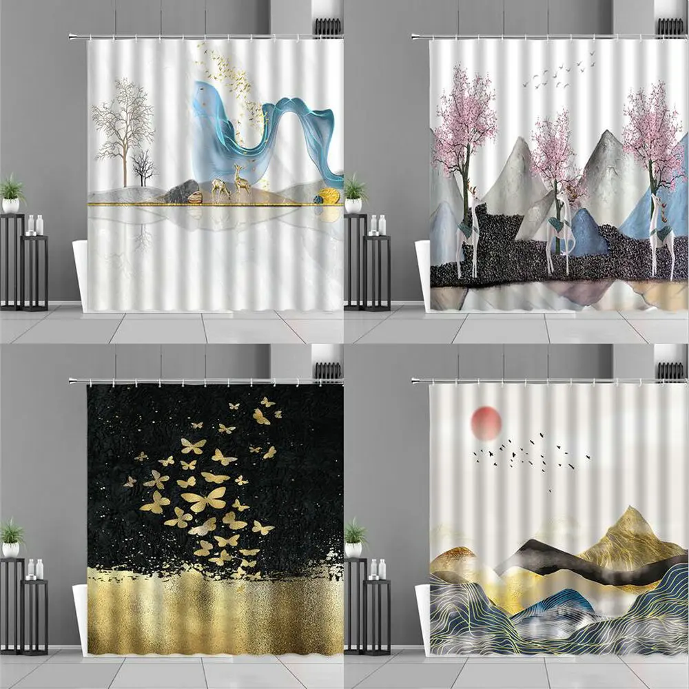 

Занавеска для ванной в скандинавском стиле с изображением оленя и лося, Золотая Бабочка, дерево, Горный пейзаж, водонепроницаемая занавеска...