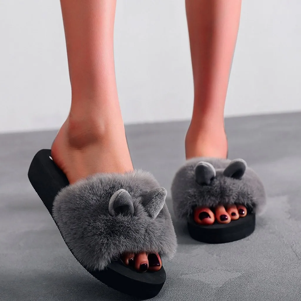 

Fashion Indoor Rabbit Ear Home Slipper Women Shoes Slip-on Open Toe Flat Warm Winter Slipper Shoes For Woman Femme Pantoufles