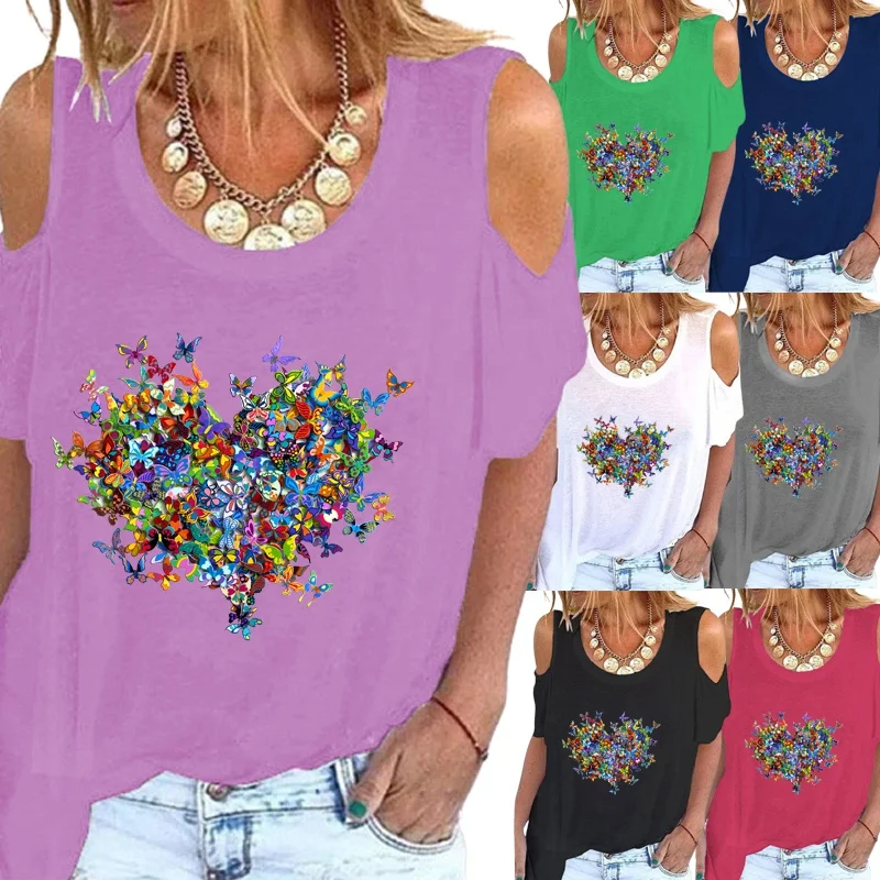 

Summer Women's Fashion Short Sleeve Off Shoulder T-shirt Casual Graphic Shirt Loose Butterflies Printed Blouse Tops Plus Size