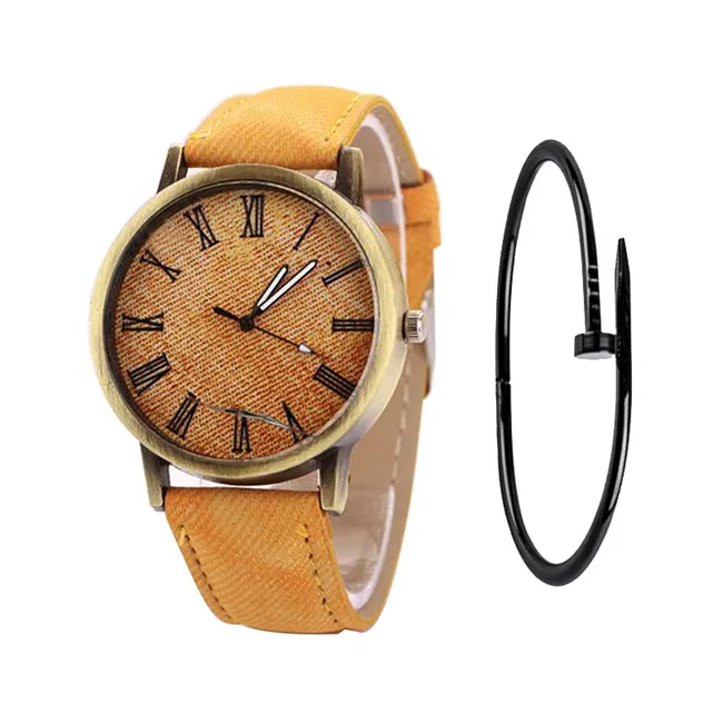 yellow and bracelet Ретро простые женские часы женские повседневные кварцевые наручные часы многоцветный кожаный ремешок новые женские часы reloj mujer час - Цвет: yellow and bracelet