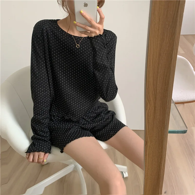 Long Sleeve Shorts Comfortable Women's Pajamas 2021 Spring Autumn Nightgowns & Sleepshirts Comfortable Wave Point Home Suit