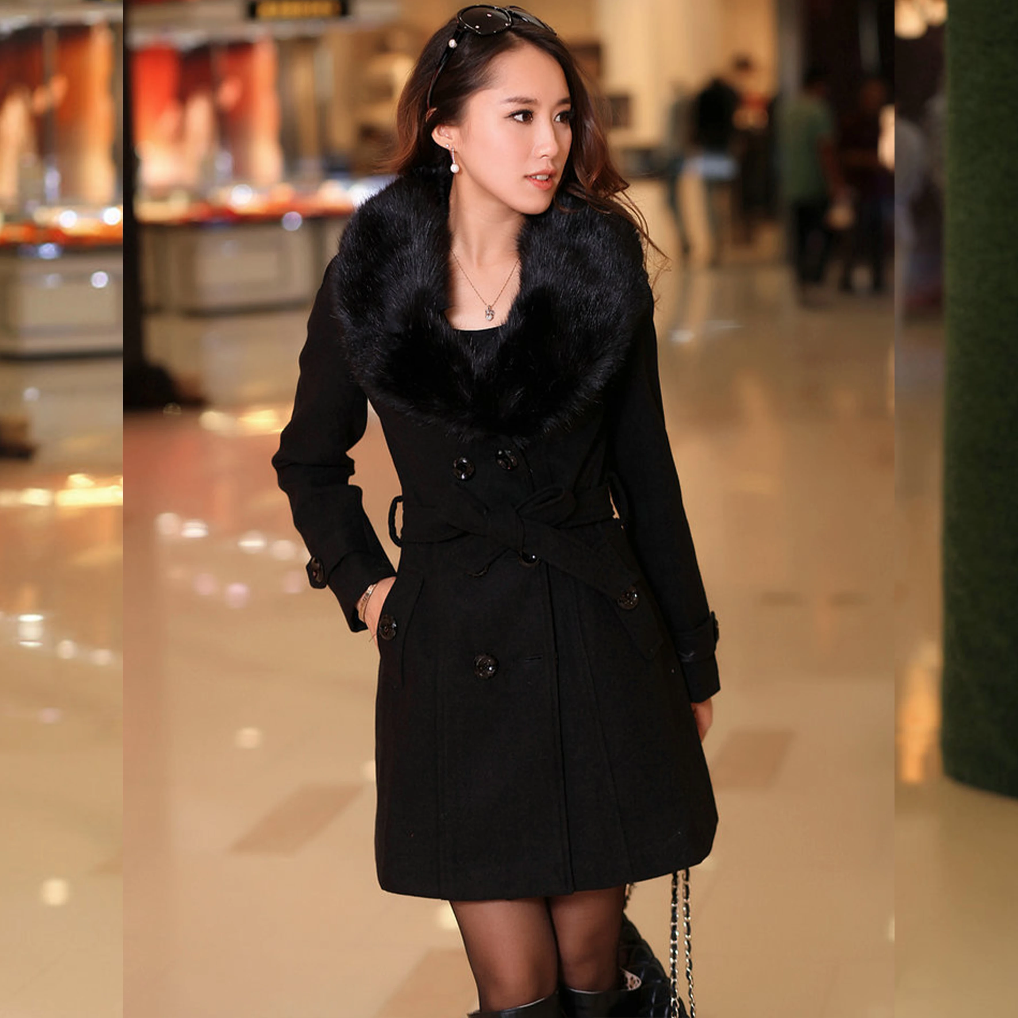 

HAOOHU 2020 winter new women's jackets fashion trends casual elegant solid long sleeve fur collar Sashes slim Woolen coat