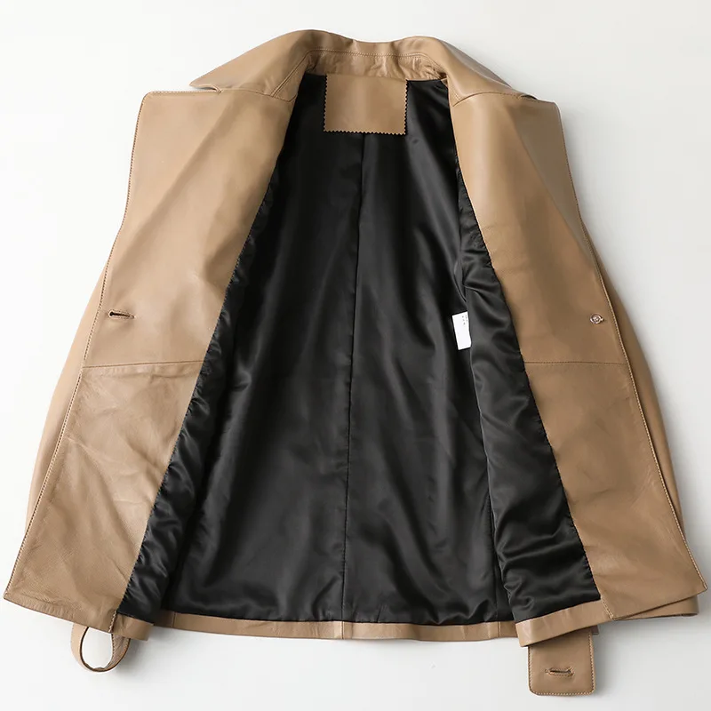 Women 2021 Spring New Female Office Real Leather Mid Length Jacket with Belt Fashion Sheath Temperament Khaki Sheepskin Coat