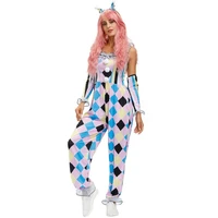 halloween women circus clown cosplay costume sleeveless colorful jumpsuit headband gloves stage performance carnival party outfi