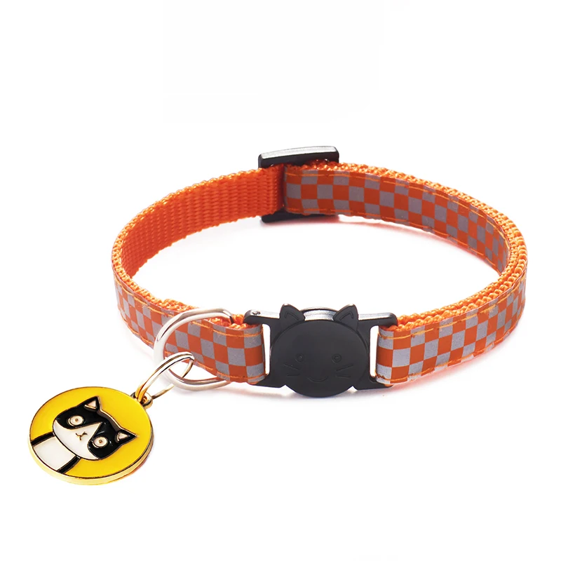 

Safety Breakaway Cat Pendant Pet Collars Grid Adjustable Nylon Buckles Check Reflective Pets Collar Cat Head Pattern Accessories