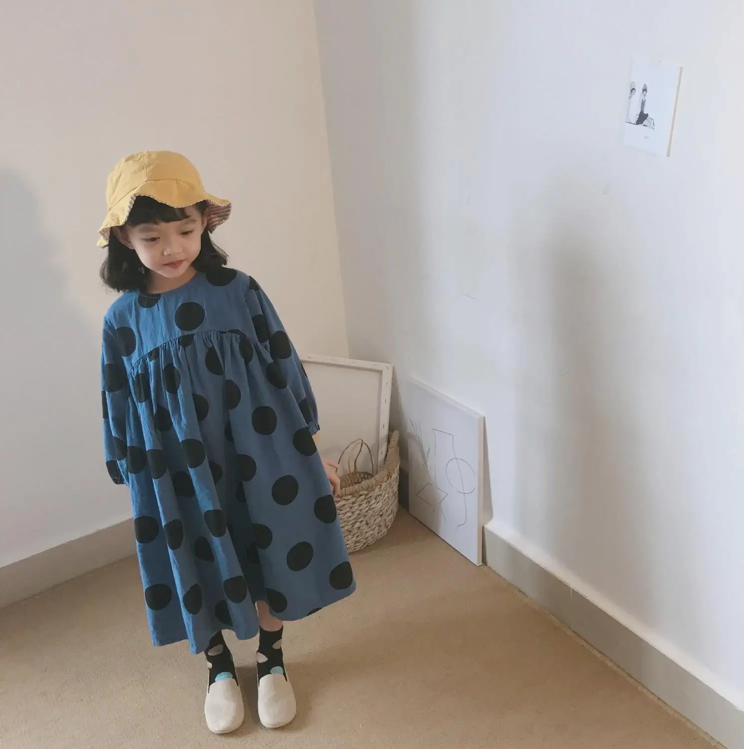 Детское платье в горошек с длинным рукавом из хлопка и льна | Детская одежда обувь