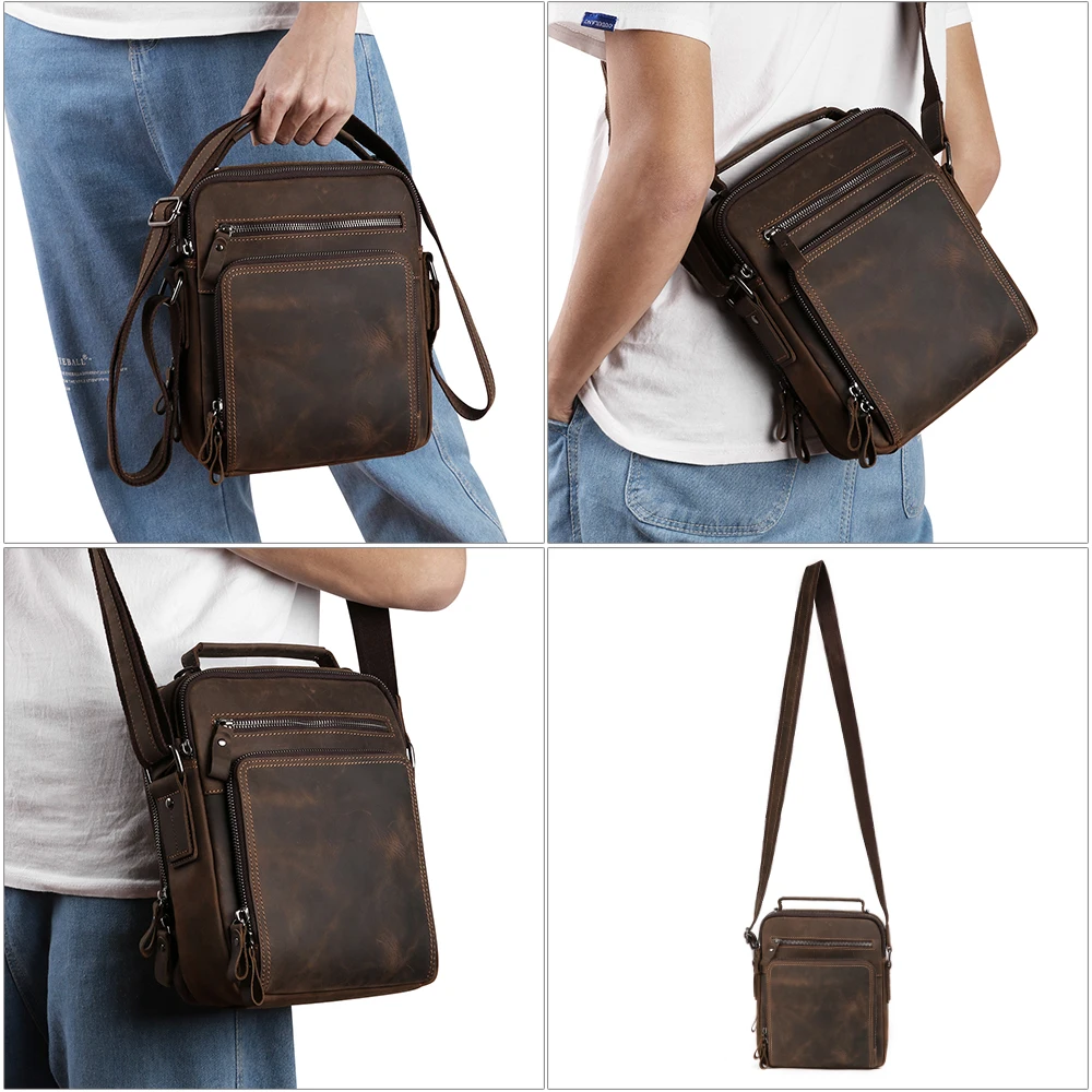 

New Men Crazy Horse Leather Crossbody Bag Male Genuine Leather Shoulder Messenger Bag for Men's Travel Handbag Male Bags