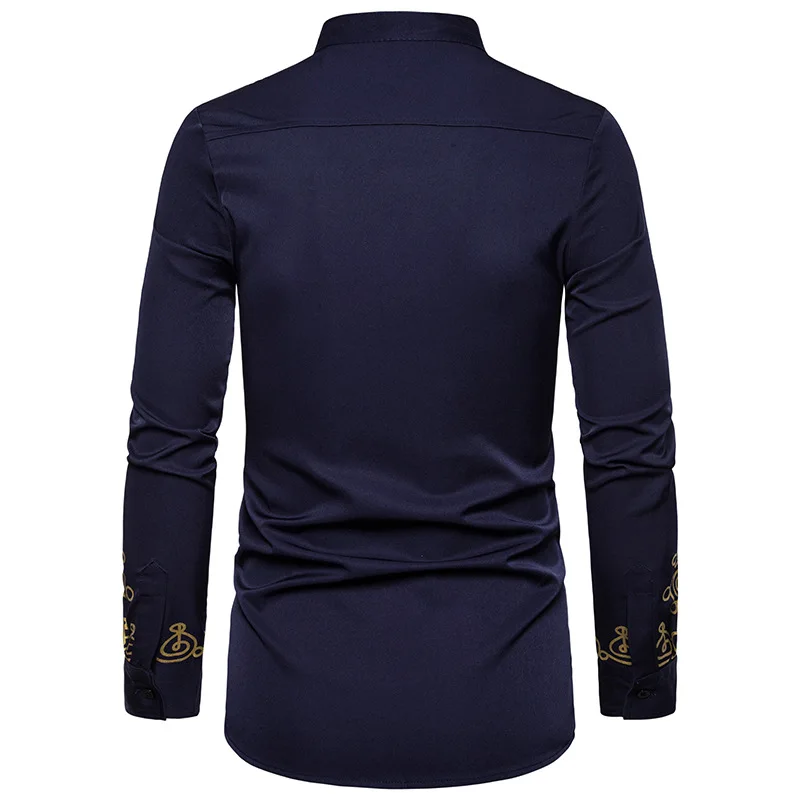 African Shirt for Men Slim Fit Formal Casual Long Sleeve Shirts Gold Bronzing Party Dress Male Blouse