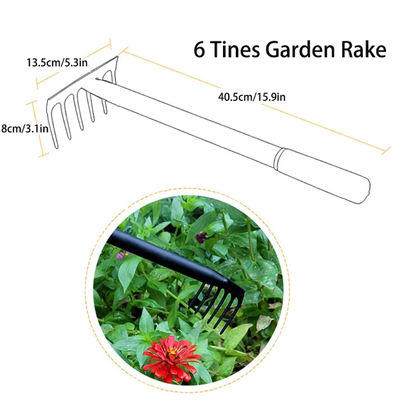 

Garden 6 Tines Rake Comfortable Grip Durable Garden Tool Manganese Steel Rake Black Small Tiller Tools R7UB