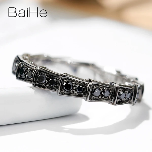 BAIHE Solid 14K белое золото+ черное золото Сертифицированный круглый вырез около 0.39ct натуральные черные Алмазы обручальные свадебные женские кольца мужское кольцо красивые и элегантные модные тонкие украшения в подарок паре кольцо