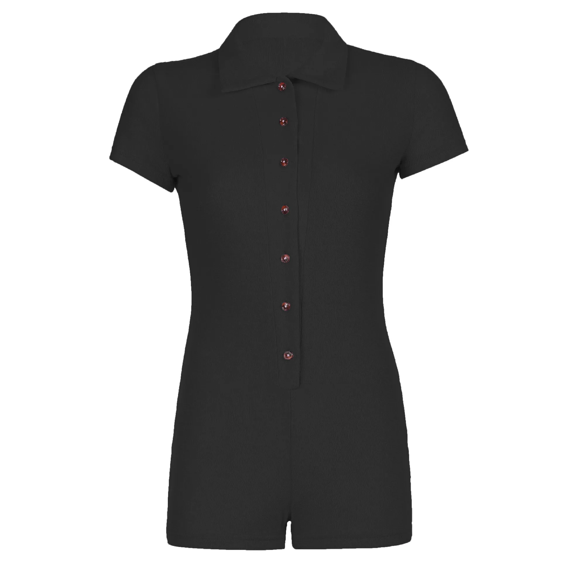 

Women Summer Solid Color Lapel Button Jumpsuit Short-Sleeved Blended Low Waist Bohemian Lady Straight Hot Pants Rompers New