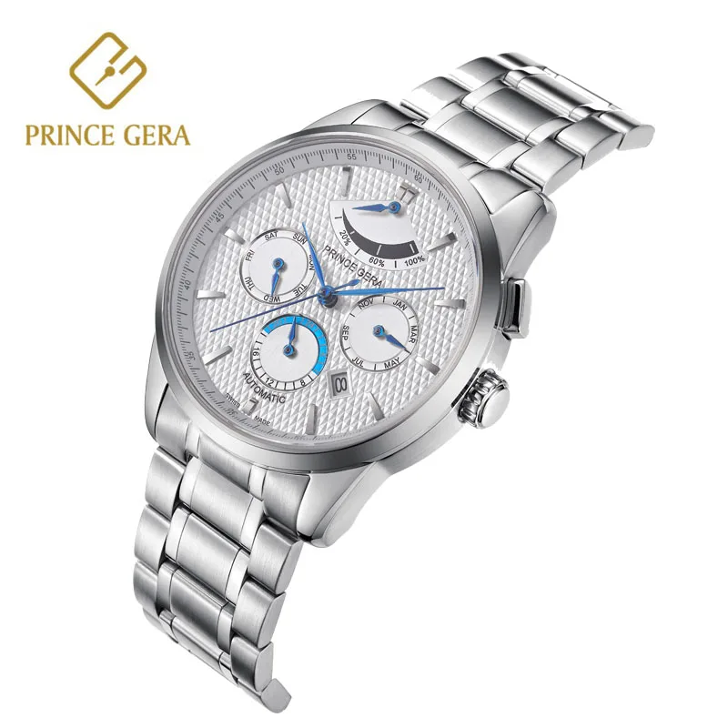 

PRINCE GERA Mens Business Watches JUNGHANSY Multi-function Clocks Automatic Watch Sapphire Crystal Stainless steel Wristwatches